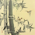 Close-up detail of “Sparrows and Bamboo” hanging scroll