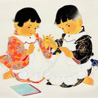 Close-up detail of “Children and the Yajirobe” hanging scroll
