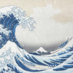 Close-up detail of “The Great Wave off Kanagawa – Katsushika Hokusai” hanging scroll