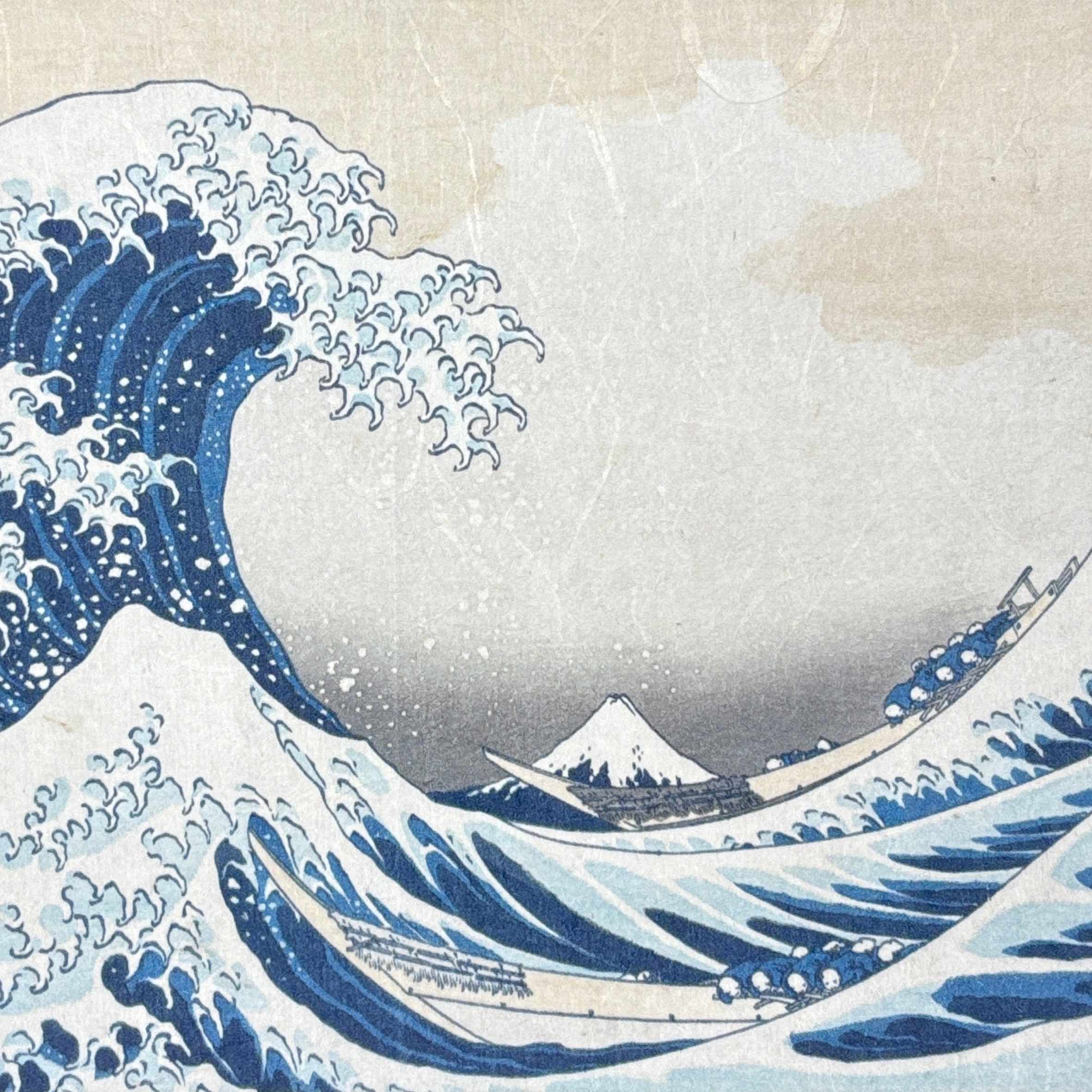 Close-up detail of “The Great Wave off Kanagawa – Katsushika Hokusai” hanging scroll