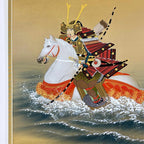 Close-up detail of “Warrior Riding Through the Waves” hanging scroll