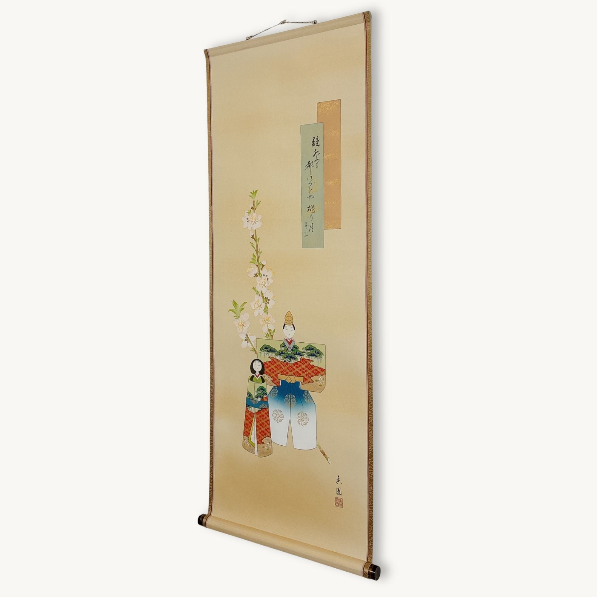 “Hina Doll – Peach Blossom” Japanese hanging scroll side view