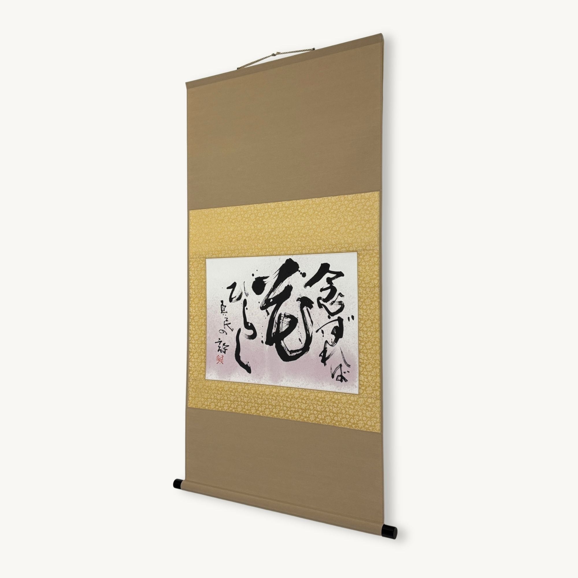 Side view of “With Devotion, Wishes Bloom” hanging scroll