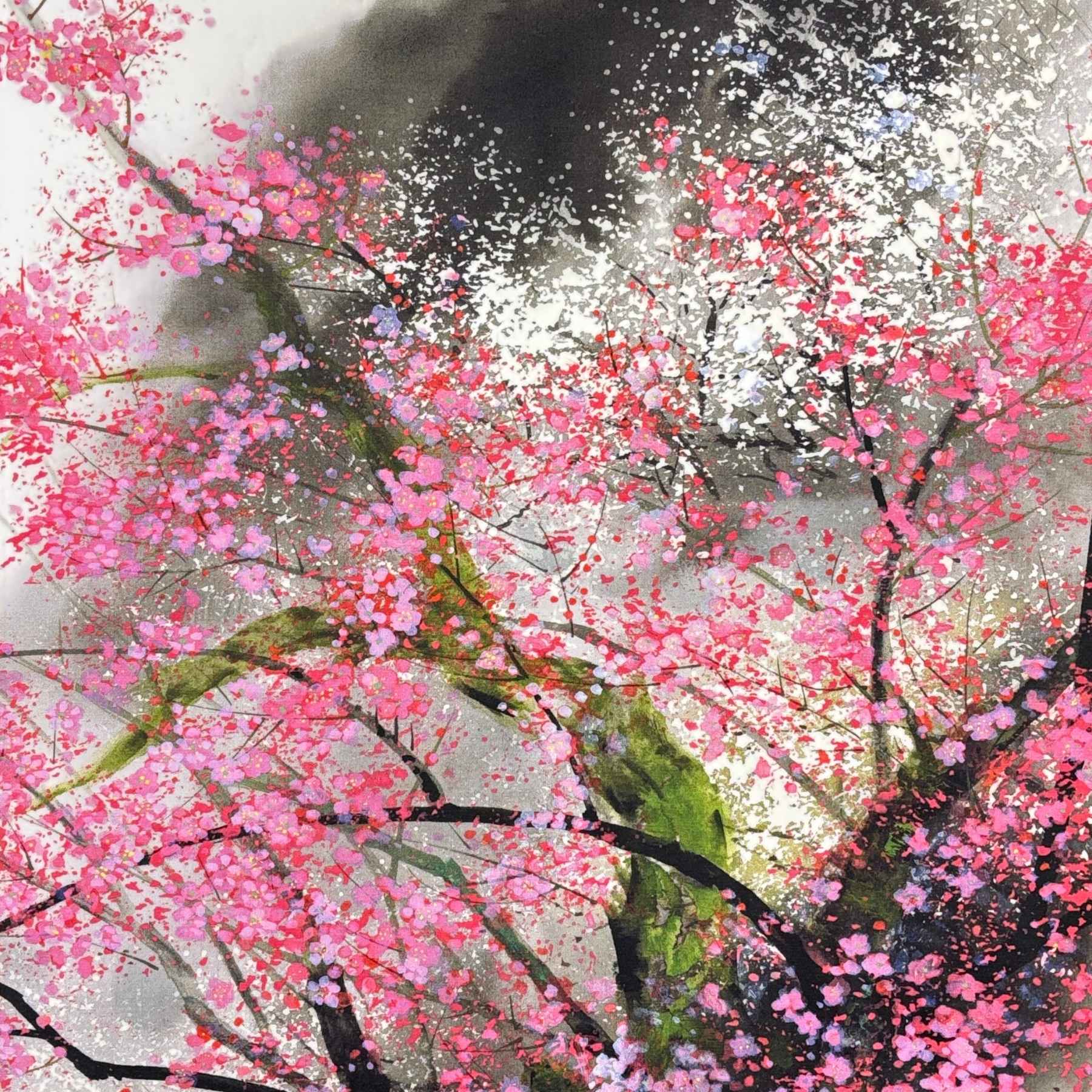 Close-up detail of “Blossoms in Spring Mist" hanging scroll