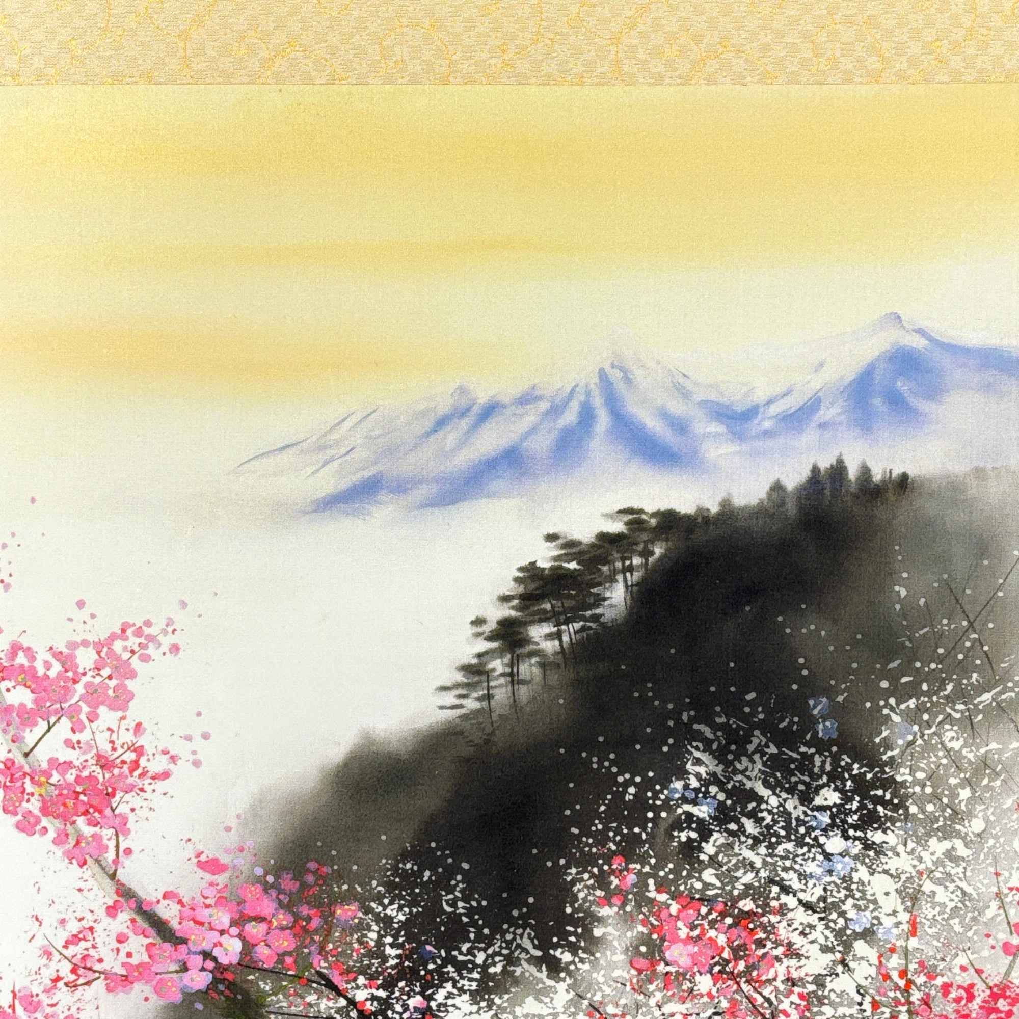 Close-up detail of “Blossoms in Spring Mist" hanging scroll