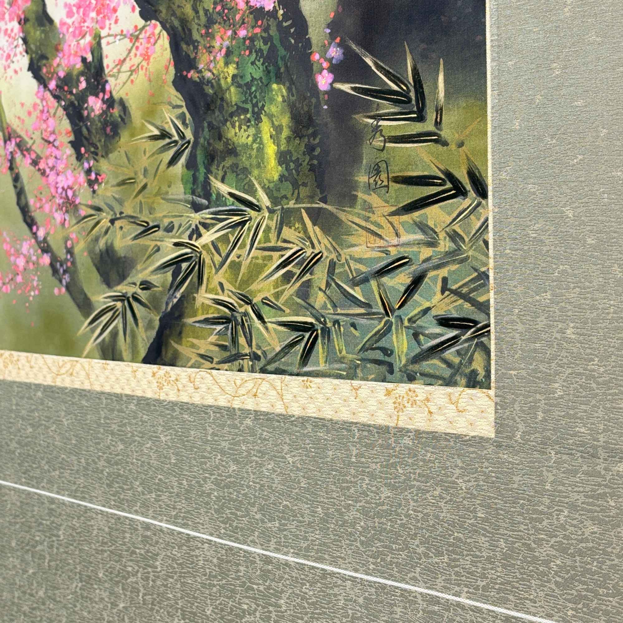 Close-up detail of “Blossoms in Spring Mist" hanging scroll