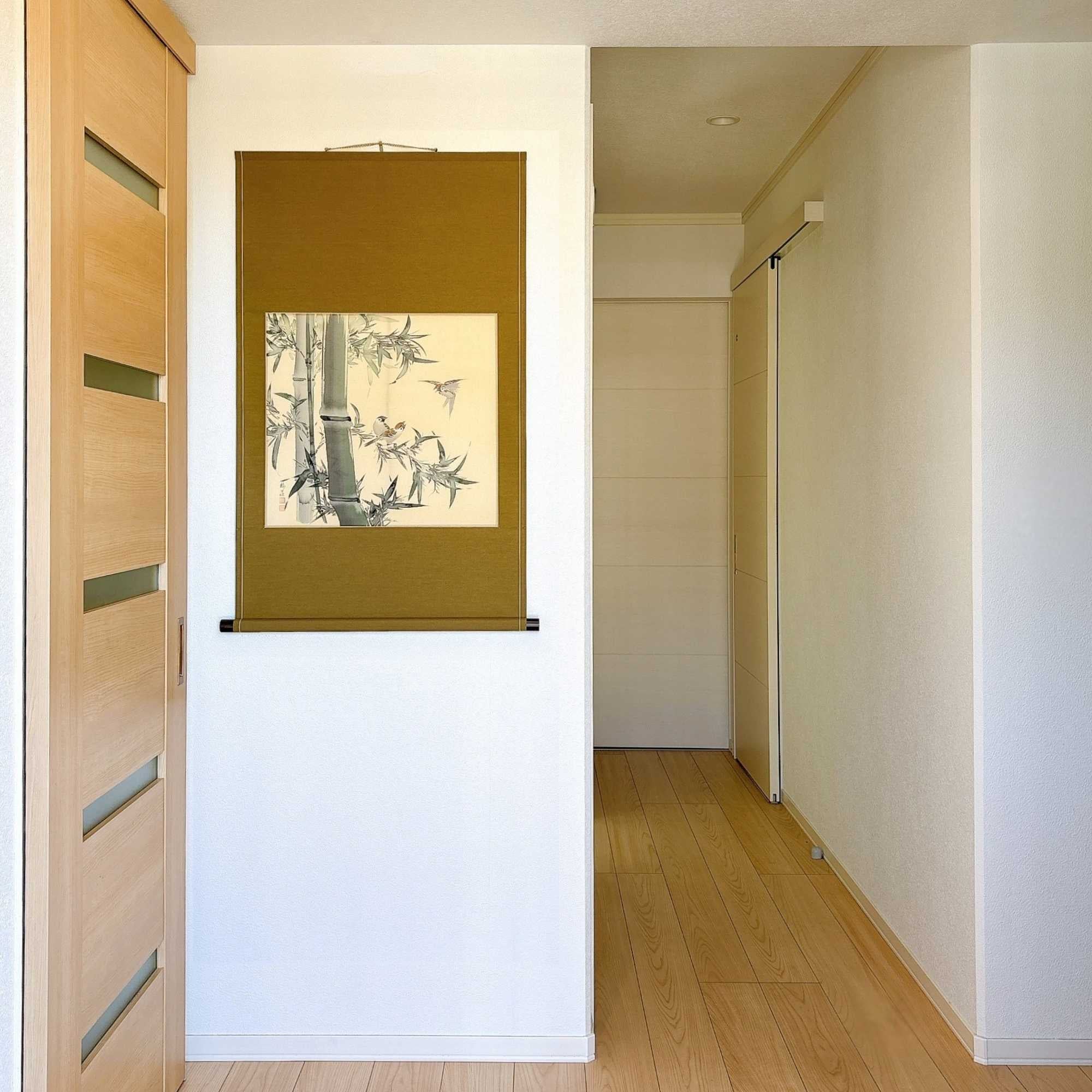 “Sparrows and Bamboo” Japanese hanging scroll displayed in interior