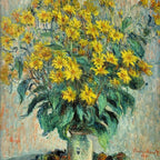 Close-up detail of “Jerusalem Artichoke Flowers - Claude Monet" hanging scroll