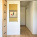 “A Pair of Chickens” Japanese hanging scroll displayed in interior