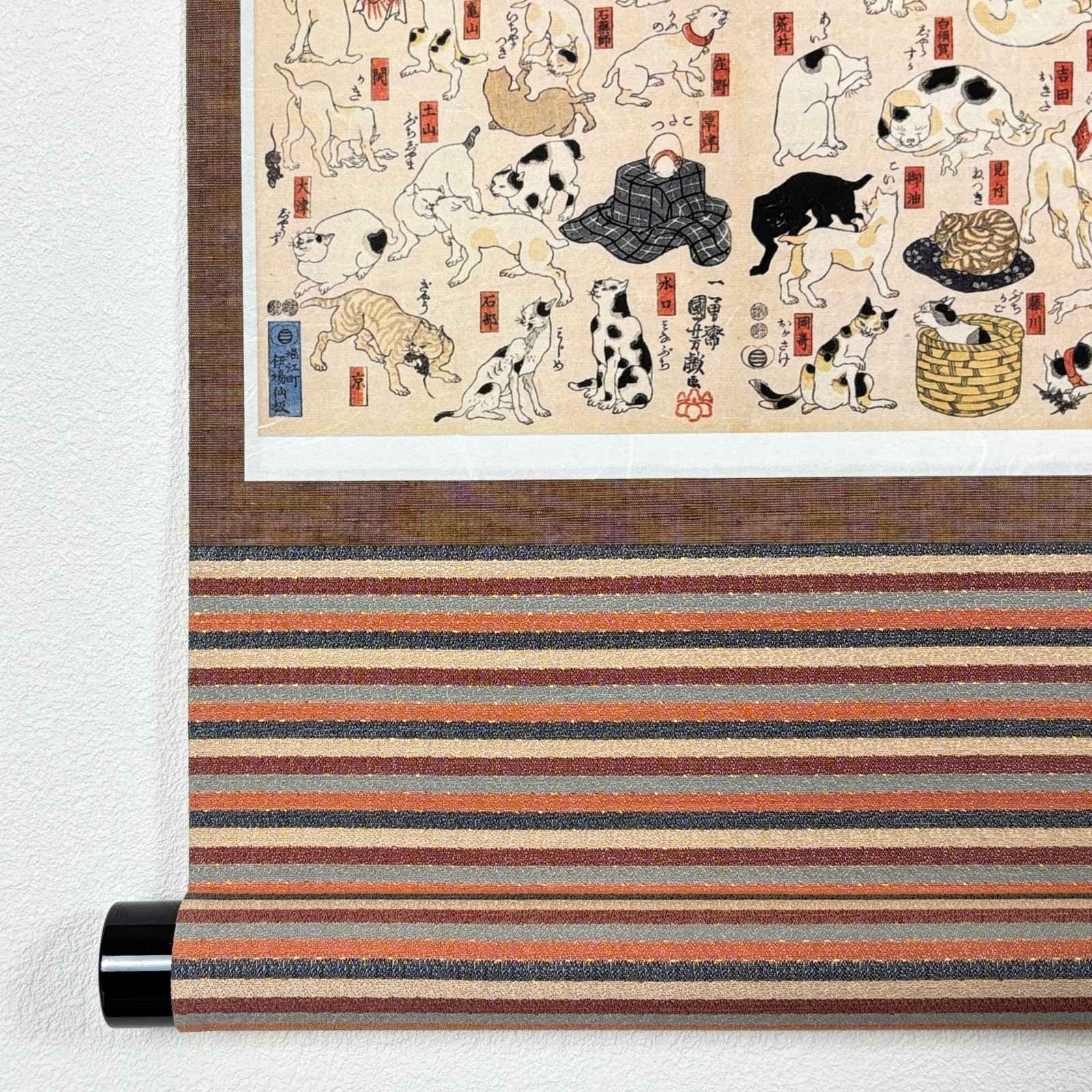 Close-up detail of “Cats suggested as the fifty-three stations of the Tokaido - Utagawa Kuniyoshi" hanging scroll