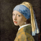 Close-up detail of “Girl with a Pearl Earring - Johannes Vermeer" hanging scroll