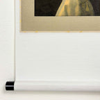 Close-up detail of “Girl with a Pearl Earring - Johannes Vermeer" hanging scroll